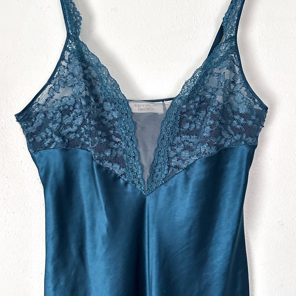 Vintage 90s Gold Label Victoria’s Secret Satin Long Nightgown Slip Dress Teal - Picture 2 of 7